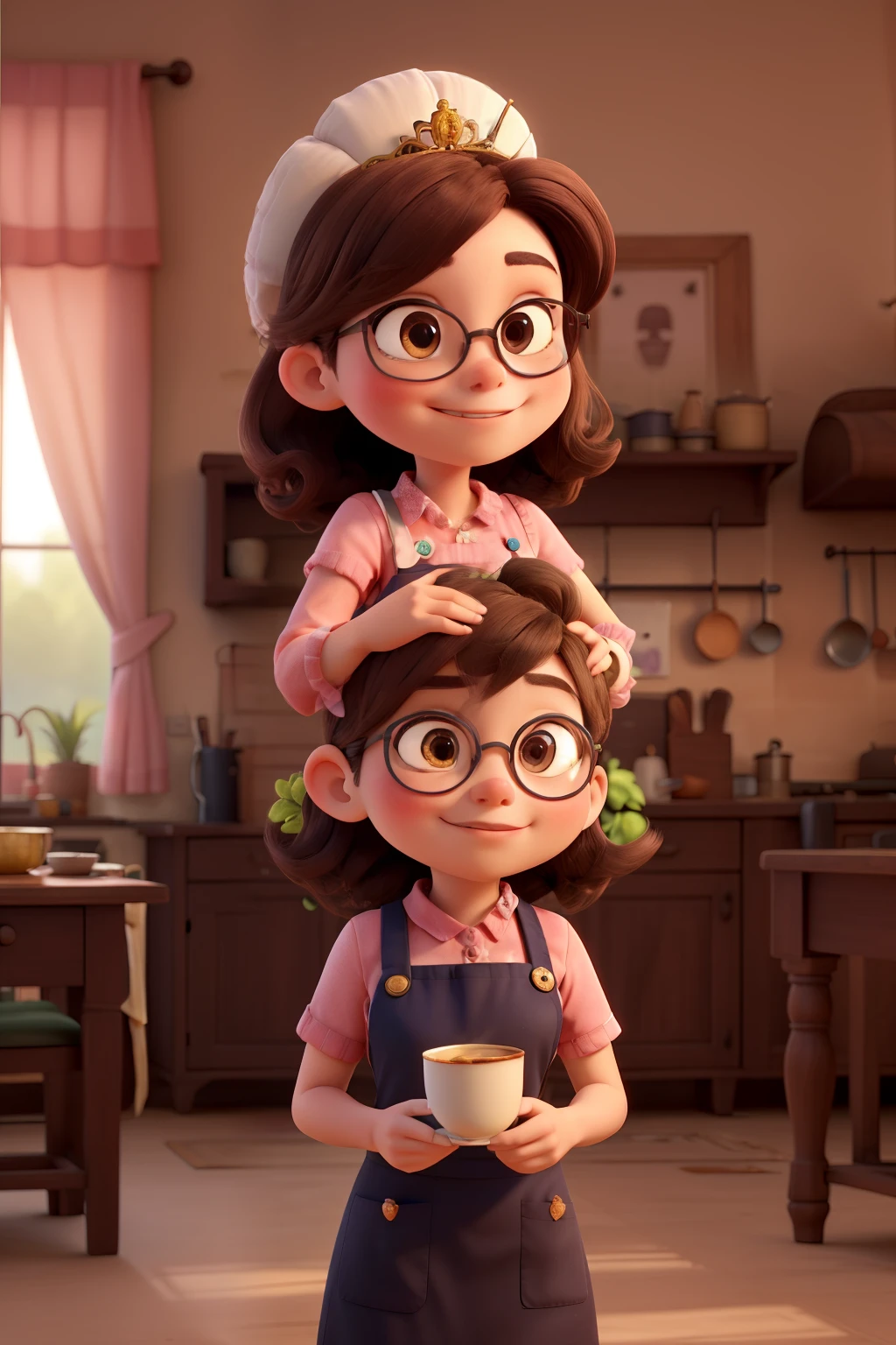((best qualityer)), ((work of art)), (detailded), 1 confectioner, 30years, with fabric tiara on head, brown hair down the back, brown skin, eyes browns, thin nose, round gold glasses, with an apron in shades of pink and with little flowers, a background of a two-story house, with a pink door, with a sign saying flavor and art tea house, with two coconut trees in front, one at each end
