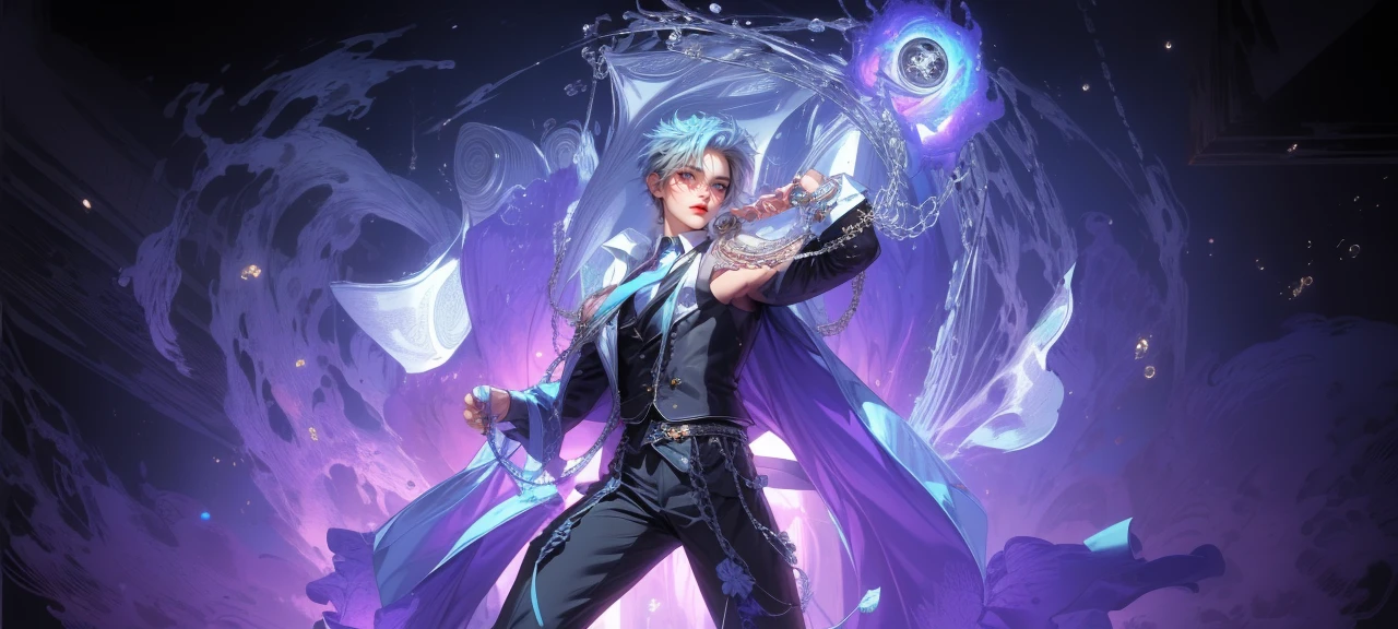 (masterpiece,best quality,ultra_detailed,highres,absurdres),1 mature male, 30-ish, (wide shoulder), (muscular), male focus, solo, blue pastel hair, chain, shirt, black necktie, necktie, simple background, grey eyes, upper body, vest, short hair, looking at viewer, smile face, parted lips, collared shirt, round eyewear, long sleeves, white shirt, white background, white vest, monocle, jewelry.