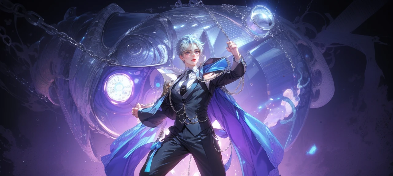(masterpiece,best quality,ultra_detailed,highres,absurdres),1 mature male, 30-ish, (wide shoulder), (muscular), male focus, solo, blue pastel hair, chain, shirt, black necktie, necktie, simple background, grey eyes, upper body, vest, short hair, looking at viewer, smile face, parted lips, collared shirt, round eyewear, long sleeves, white shirt, white background, white vest, monocle, jewelry.