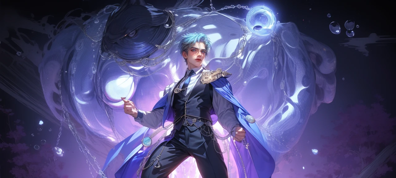 (masterpiece,best quality,ultra_detailed,highres,absurdres),1 mature male, 30-ish, (wide shoulder), (muscular), male focus, solo, blue pastel hair, chain, shirt, black necktie, necktie, simple background, grey eyes, upper body, vest, short hair, looking at viewer, smile face, parted lips, collared shirt, round eyewear, long sleeves, white shirt, white background, white vest, monocle, jewelry.