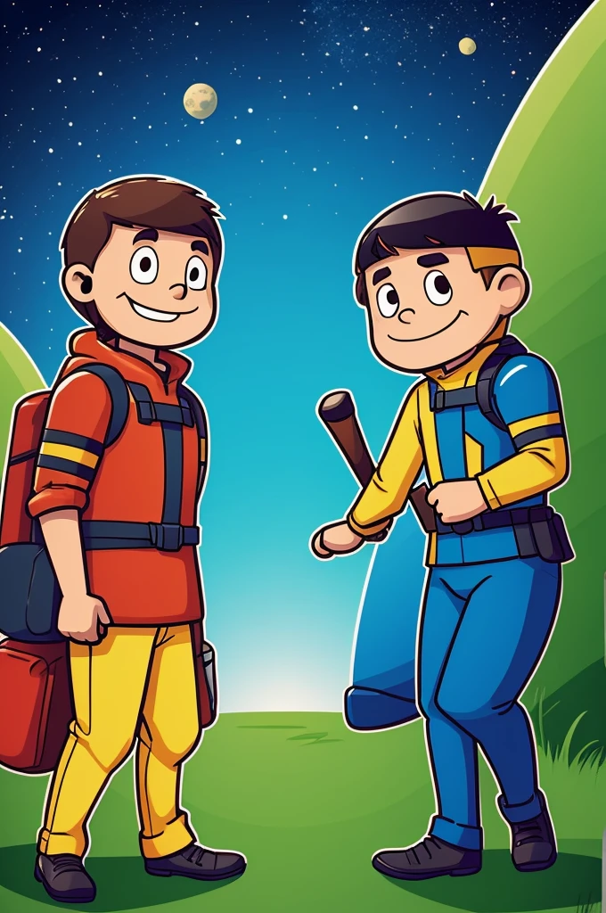 You can create an easy drawing of two comic-style explorer friends