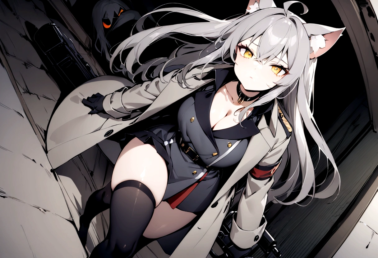 Military council、Pitch-dark room、Dark Room、conference room、(masterpiece, best quality:1.2), 1girl, 独奏,Black military uniform、Gray cat ears、Point your gun at us、Grey long hair、Ahoge、Yellow Eyes、Grey trench coat、Gray cat ears、I took off my hoodie and put it on my shoulder、Ready your gun?、sniper rifle、Background of military bases、Fisheye Lens、battlefield、Shadows of light and darkness、Expressionless、Grim face、battle、Gray trench coat、Black knee socks、Cleavage、Black collar,