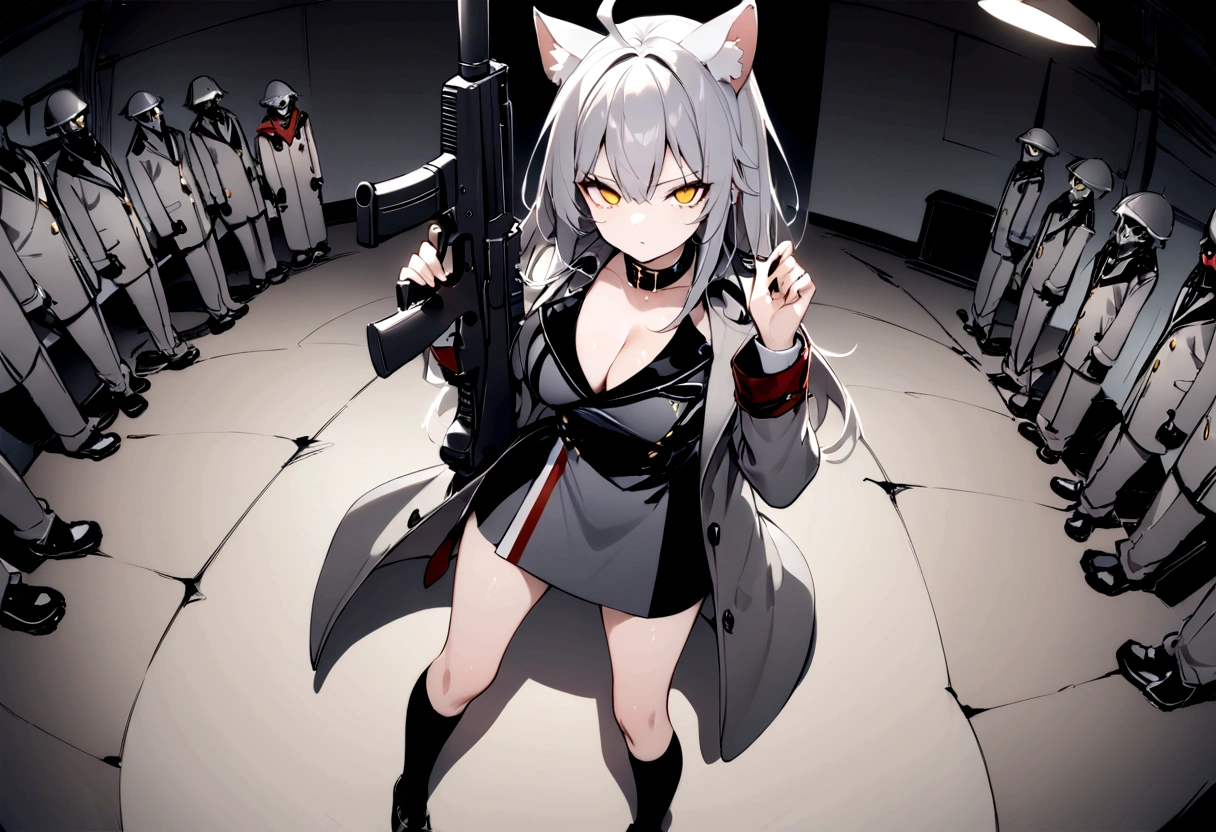 (masterpiece, best quality:1.2), 1girl, 独奏,Black military uniform、Gray cat ears、Point your gun at us、Grey long hair、Ahoge、Yellow Eyes、Grey trench coat、Gray cat ears、I took off my hoodie and put it on my shoulder、Ready your gun?、sniper rifle、Background of military bases、Fisheye Lens、battlefield、Shadows of light and darkness、Expressionless、Grim face、battle、Gray trench coat、Black knee socks、Cleavage、Black collar,