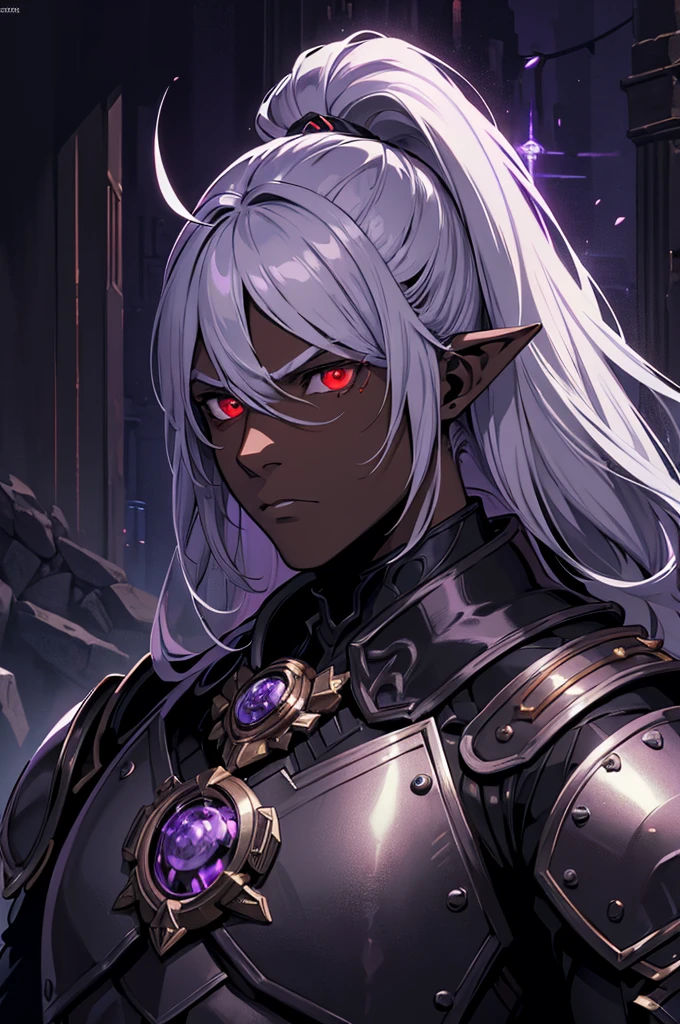 masterpiece, best quality, ultra high res, dark theme, 1boy, (dungeonpunk armor), (mechanical steampunk armor), (wearing armor), fantasy illustration, dark skinned, human, upper body, portrait, red eyes, long white hair, half-drow, pointy ears, serious face, young man, dramatic lighting, purple hue, art by Kinema Citrus