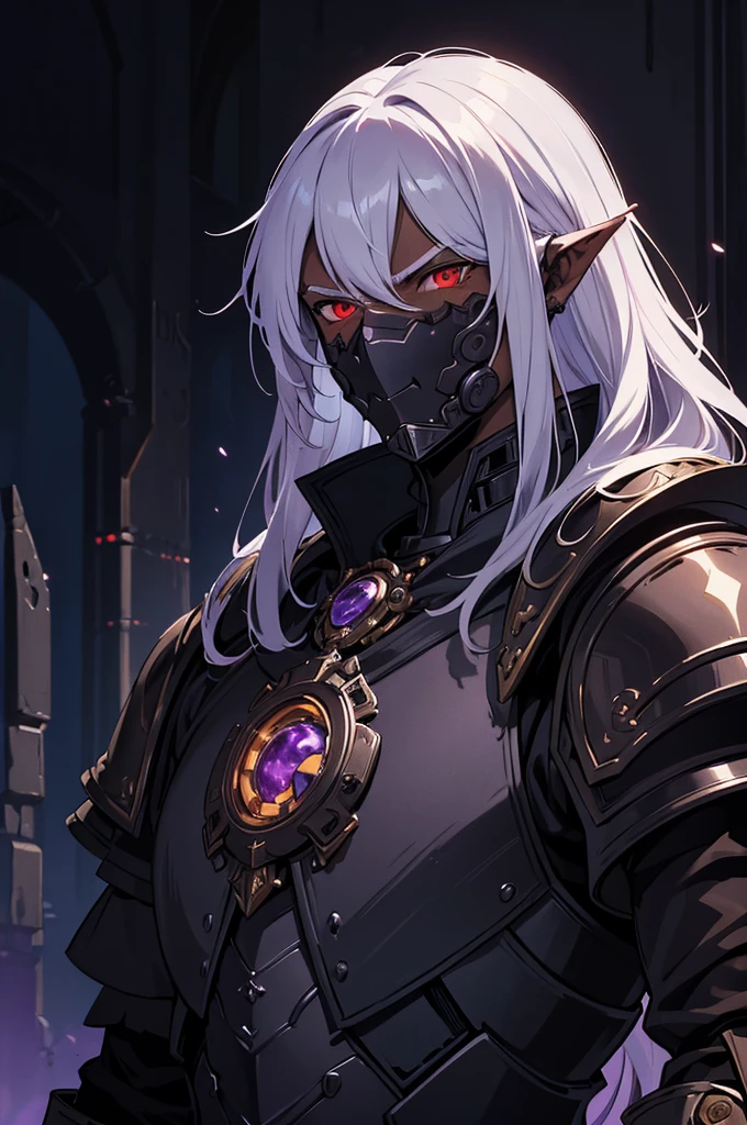 masterpiece, best quality, ultra high res, dark theme, 1boy, (dungeonpunk armor), (mechanical steampunk armor), (wearing armor), fantasy illustration, dark skinned, human, upper body, portrait, red eyes, long white hair, half-drow, pointy ears, serious face, young man, dramatic lighting, purple hue, art by Kinema Citrus