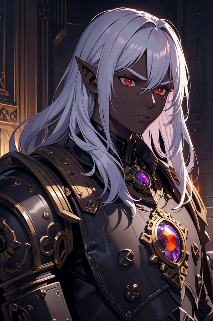 masterpiece, best quality, ultra high res, dark theme, 1boy, (dungeonpunk armor), (mechanical steampunk armor), (wearing armor), fantasy illustration, dark skinned, human, upper body, portrait, red eyes, long white hair, half-drow, pointy ears, serious face, young man, dramatic lighting, purple hue, art by Kinema Citrus
