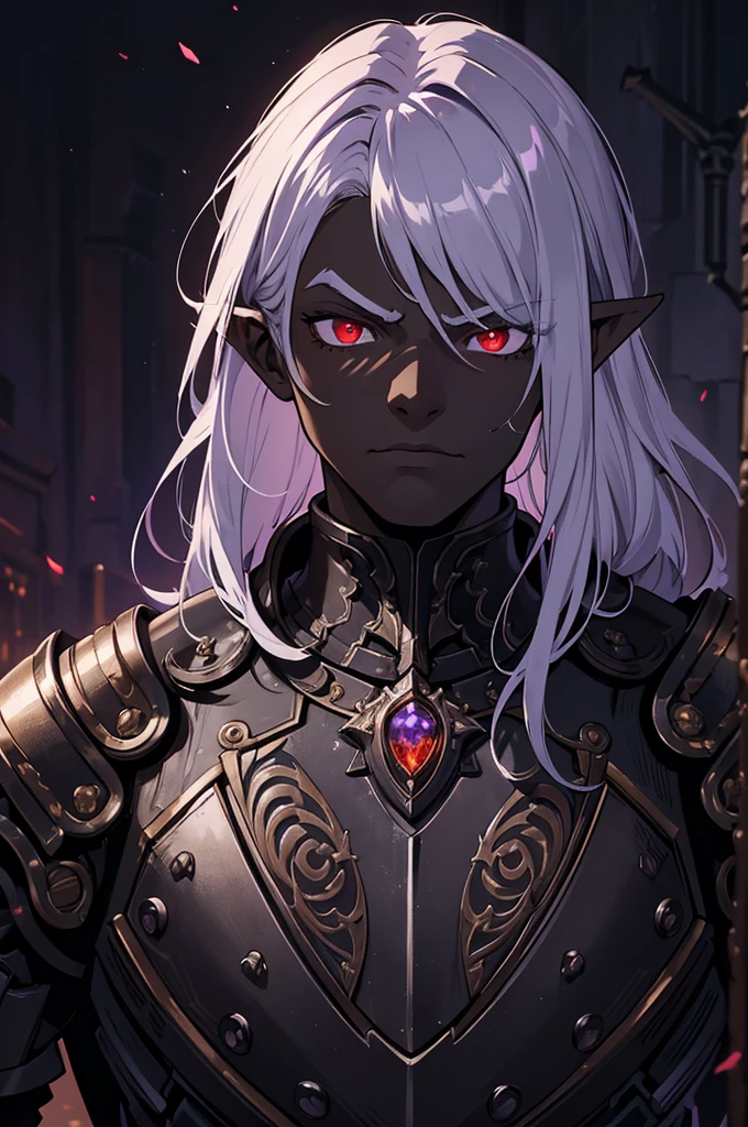 masterpiece, best quality, ultra high res, dark theme, 1boy, (dungeonpunk armor), (mechanical steampunk armor), (wearing armor), fantasy illustration, dark skinned, human, upper body, portrait, red eyes, long white hair, half-drow, pointy ears, serious face, young man, dramatic lighting, purple hue, art by Kinema Citrus