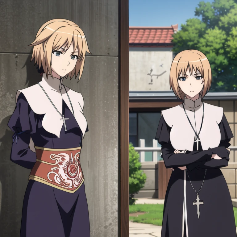 (masterpiece), 1girl, graffiti on temple wall, looking at camera, Priestess, natsume, demon hunter, shiren maiden, mature, cross necklace, nun, Seikon no Qwaser, Teresa Beria: