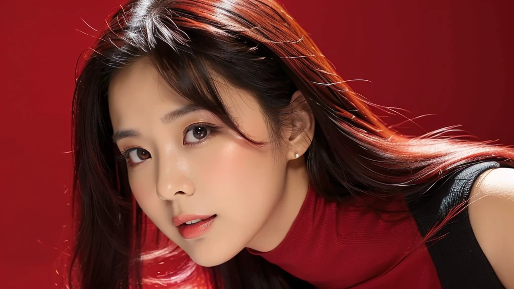 (detailed face),VIVID,pretty,breasts,sleeveless and turtle neck red silky clothes,4k ,super high resolution ,(photo-realistic: 1.7),red background,black long hair,