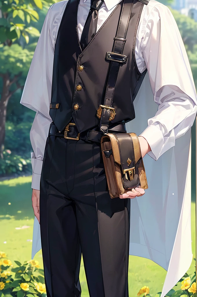 (masterpiece; best quality: 1.2), (finely detailed eyes: 1.3), ((10 year old male kid)), ((solo)), (yellow eyes: 1.4), (body; short, slender: 1.3), (short white hair: 1.3), (beautiful and clear background: 1.2), ((depth of field)), (clothes: black vest + white shirt + black pants + black cape + black-and-gold necktie + belts + traveler satchel and pouches: 1.3), (anime illustration: 1.2), (background; garden exterior: 1.1), (extremely fine and handsome: 1.1), (shot composition; standing + centered on torso + close-up: 1.5), (expression; calm, stoic: 1.2)