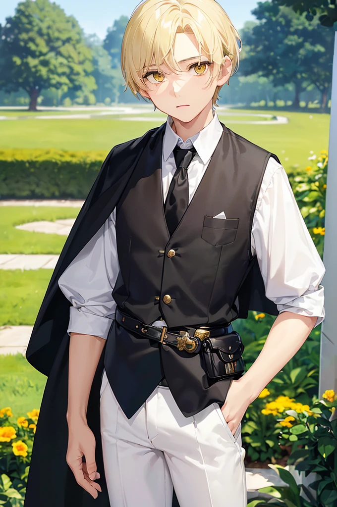 (masterpiece; best quality: 1.2), (finely detailed eyes: 1.3), ((10 year old male ???)), ((solo)), (yellow eyes: 1.4), (body; short, slender: 1.3), (short white hair: 1.3), (beautiful and clear background: 1.2), ((depth of field)), (clothes: black vest + white shirt + black pants + black cape + black-and-gold necktie + belts + traveler satchel and pouches: 1.3), (anime illustration: 1.2), (background; garden exterior: 1.1), (extremely fine and handsome: 1.1), (shot composition; standing + centered on torso + close-up: 1.5), (expression; calm, stoic: 1.2)