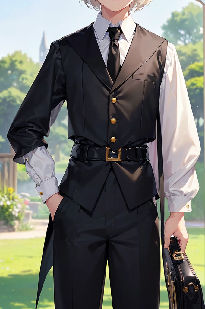 (masterpiece; best quality: 1.2), (finely detailed eyes: 1.3), (( male kid)), ((so), (yellow eyes: 1.4), (body; short, slender: 1.3), (short white hair: 1.3), (beautiful and clear background: 1.2), ((depth of field)), (clothes: black vest + white shirt + black pants + black cape + black-and-gold necktie + belts + traveler satchel and pouches: 1.3), (anime illustration: 1.2), (background; garden exterior: 1.1), (extremely fine and handsome: 1.1), (shot composition; standing + centered on torso + close-up: 1.5), (expression; calm, stoic: 1.2)