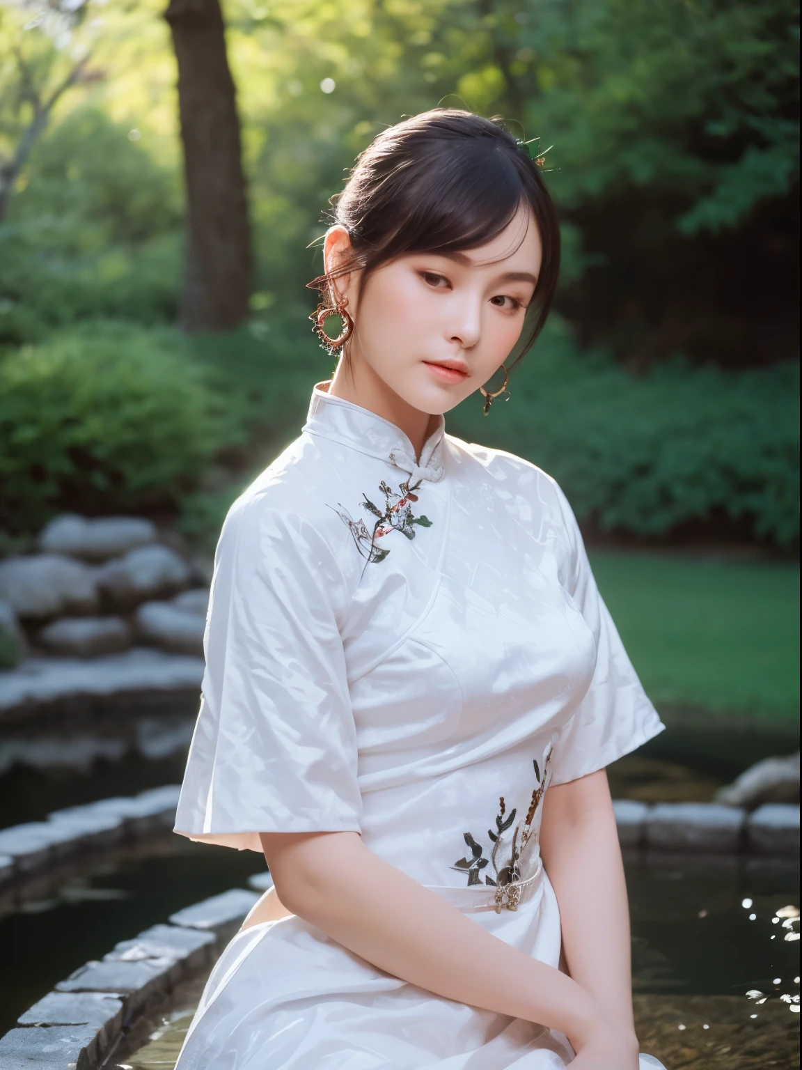 (best quality,4K,8K,High resolution,masterpiece:1.2),Super detailed,(actual,photoactual,photo-actual:1.37), bright colors,strong contrast, Fantasy lights,classic beauty,Traditional painting style,Gorgeous costumes,Complex patterns,Calm expression,Maintain a balanced posture,Tranquil garden setting,Flowing red and black robe,Exquisite accessories,Exquisite hair accessories,Light makeup,Emerald Earrings,Beautiful Whisper,sublime elegance,Feminine elegance,thin strokes,Rich in details,A seamless fusion of tradition and modernity,chinese classic garden,Huangshan Mountain in the background,Artistic performance of a young Chinese woman,A fascinating portrait of timeless beauty.