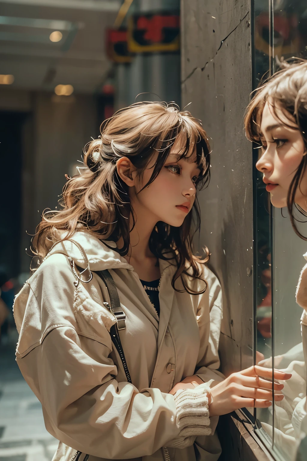 Raped woman with permed hair, what makeup, without makeup, Centrally separated curtain bangs, Profile picture, Use Instagram Filters, Subtle soft and dim light, Pose looking around the museum, Sculpture, Landmark, perfect face, julia sardinian, perfect hands, Random behavior, (full_body),
