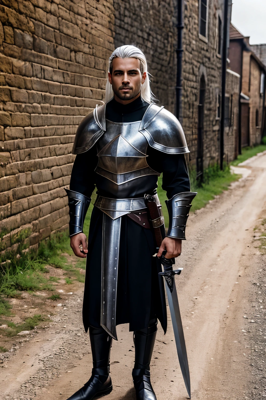A light-skinned man, 1.76 tall, White hair, dark shaped eyes, sharp nose, slight smile on your face, athletic body, wearing full blackened metal paladin armor, sword in sheath, worn shield in left hand, on a medieval road, houses with exposed bricks in aged tones, On a clear night. With rich details and main focus on man.
