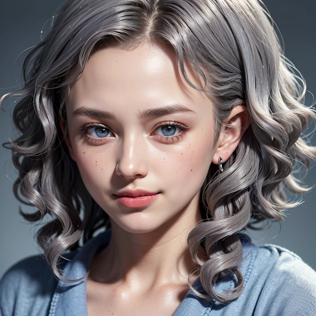 ((top-quality, Photorealsitic:1.4, masterpiece:1.3, RAW Photography:1.2, cinematric light, very detailed illustration), , (ultra delicate face, ultra Beautiful fece, ultra delicate eyes, ultra detailed nouse, ultra detailed mouth, ultra detailed facial features), (medium breast:1.3), skiny, lipgloss,
a beautiful woman, ((gray hair)), ((curly short bob cut)), hair in 7 thirds, light blue eyes, detailed skin, freckled skin, 20 years old, ((wavy hair)), ((hair over one ear)), ((Forehead)), ((1girl, solo)), smile