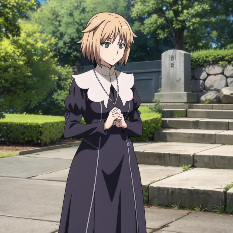 1girl, Looking at camera, priestess, natsume, demon hunter, Shirley Maid, mature, cross necklace, nun, Seikon no Qwaser, Teresa Beria, long skirt