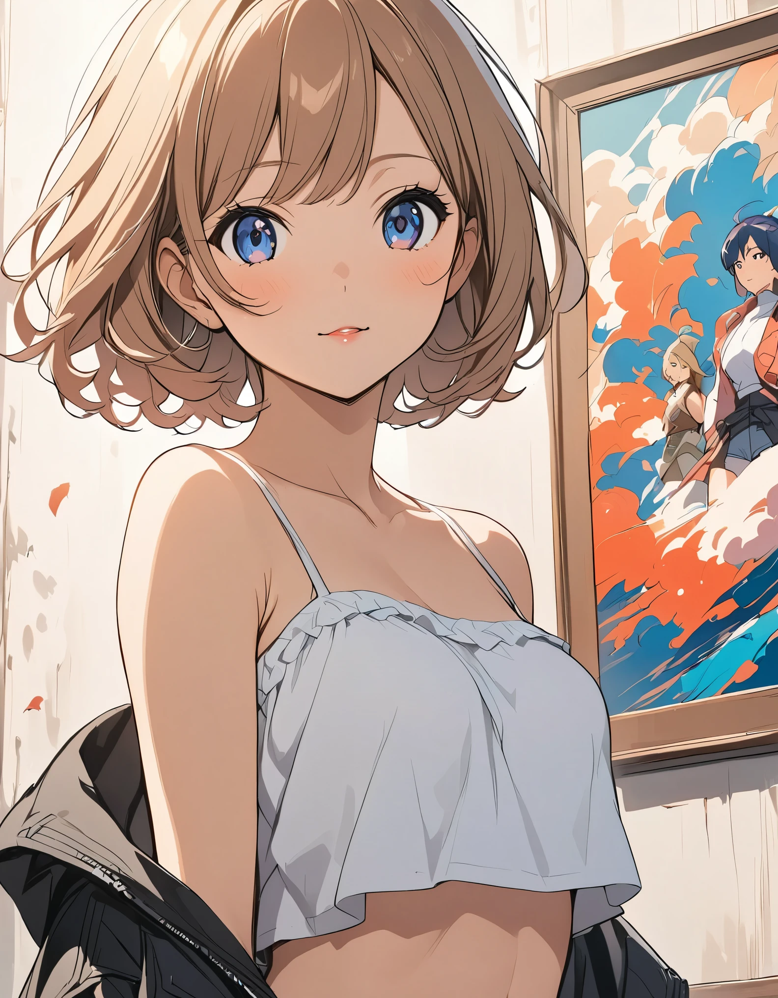 female,short camisole,crop shirt,Off shoulders,white,Art, anime,illustration