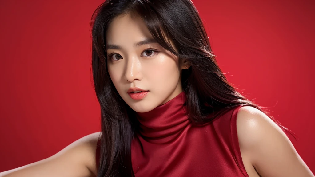 (detailed face),VIVID,pretty,breasts,sleeveless and turtle neck red silky clothes,4k ,super high resolution ,(photo-realistic: 1.7),red background,black long hair,