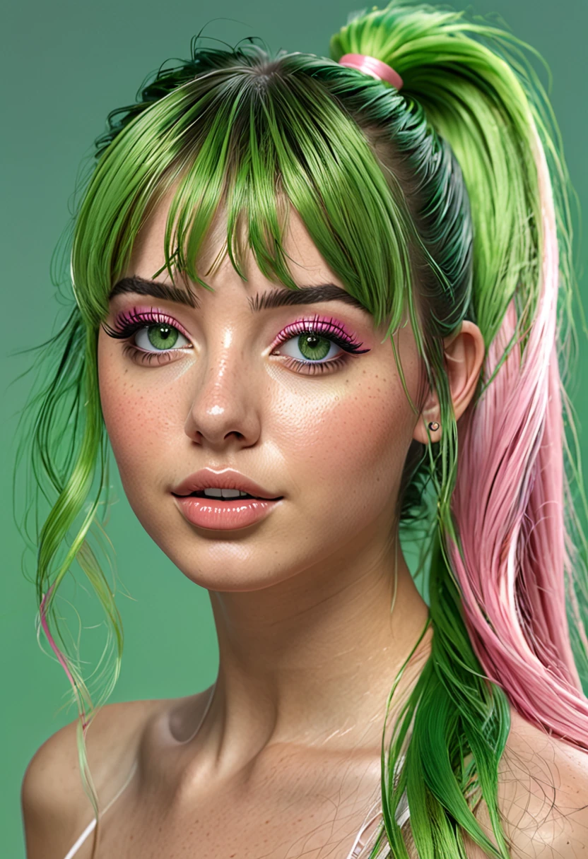 Portrait,
photorealistic, realistic,
girl, green eyes, clear skin, soft makeup, (very long streaked green/pink hair), bangs, ponytail, hair cascades down her back, realistic soft skin, tight body,
