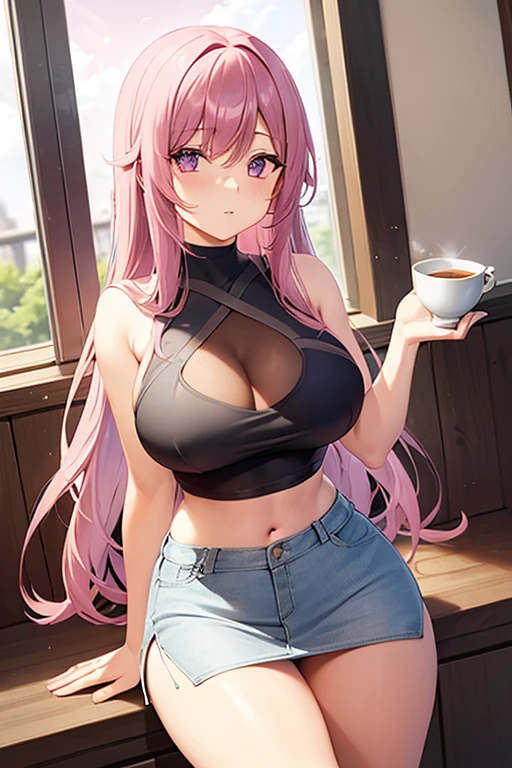 1girl, solo, nakano nino, pink hair, butterfly hair ornament, (naked:1.3), (white apron:1.1), large breasts, cleavage, thighs, cafe background, (blushing:1.3), angry