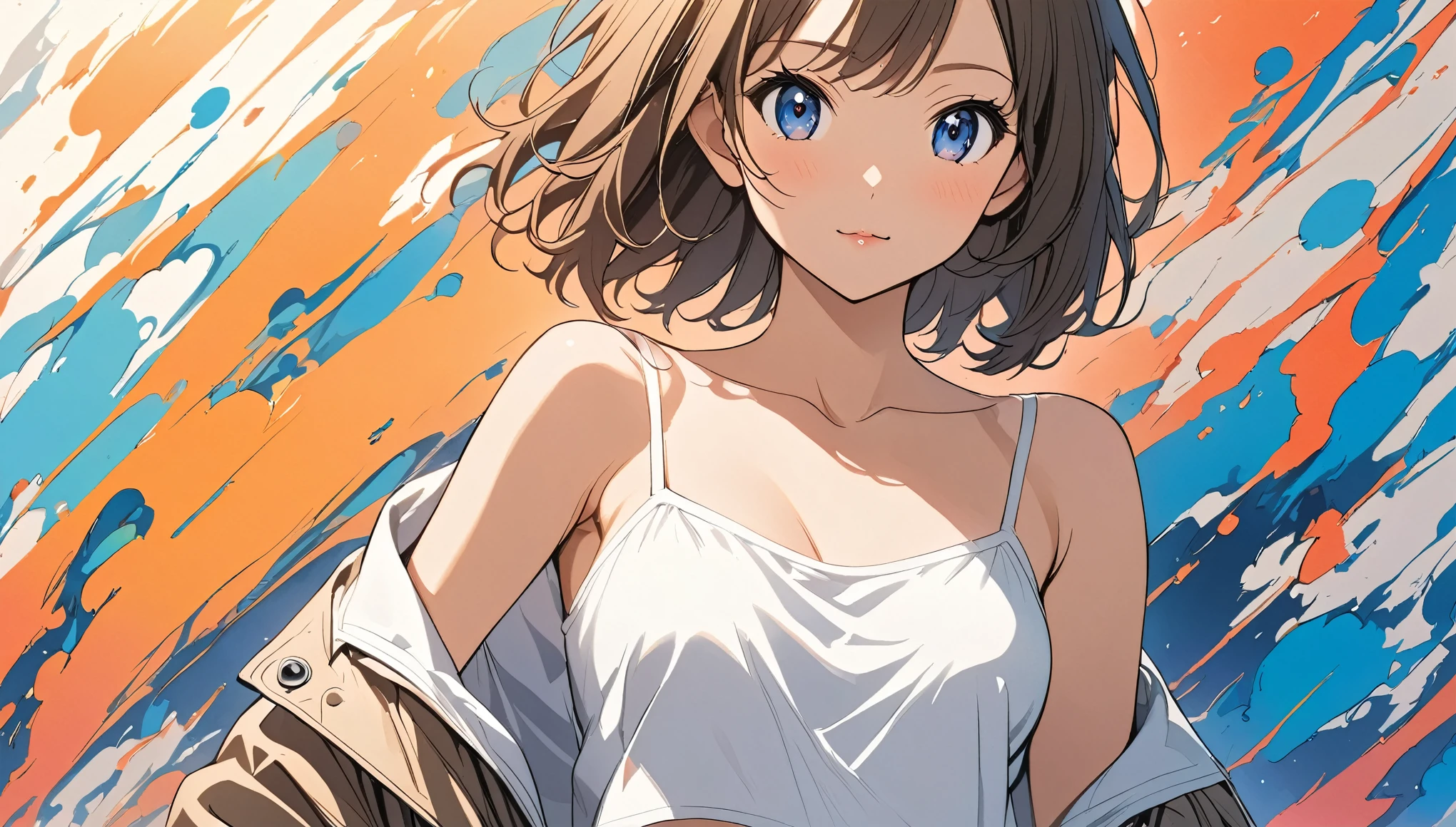 female,short camisole,crop shirt,Off shoulders,white,Art, anime,illustration