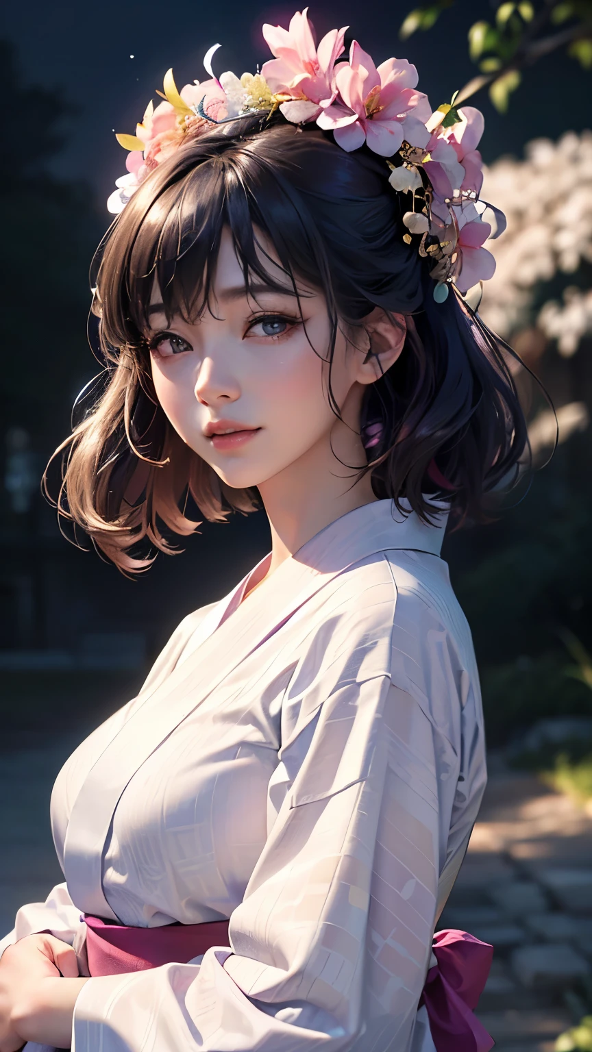(logo、masterpiece、8K、Tabletop、RAW Photos、wonderful、最high quality、フォトリアリスティックでVery detailedな CG 複合 8K 壁紙、high quality、Very detailed、Narrative poem、Particle Effects、Dynamic Effects、Depth of the Boundary、Cinematic Light、Lens flare、Ray Tracing)、 (One beautiful woman wearing a yukata、White yukata、Light purple pattern)、Black-haired、High definition skin、Very fine、Fine skin texture、Beautiful Face、True Face、Beautiful details in the eyes、Realistic eyes、Beautifully detailed eyes、Realistic Skin、Beautiful Skin、Surreal、Smiling Eyes、Hair and light eyes、vivid、Colorful lights and bokeh、plump lower lip、Pink Lips、Hair flutters in Wind、Hair bounces、wonderful景色、night、evening、Wind、moonlight、moonlight、light