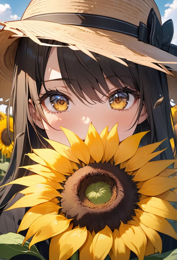 One big sunflower and a girl eating sunflower seeds next to it, background black, Extreme, Close-up Sunflower,