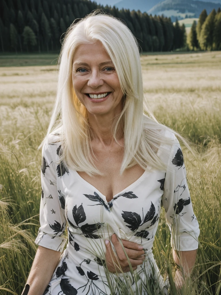 A realistic, photorealistic image of Felicidad, (an 80-year-old Finnish woman), (((white blonde and medium length hair))), smiling and seducing, ((taking a portrait outside a grass field in Switzerland)), (((round face))), (medium straight hair), ((wearing printed black dress)), ((visible breastbones)), (((slim))), ((thin hairline)), (((chest bones)))