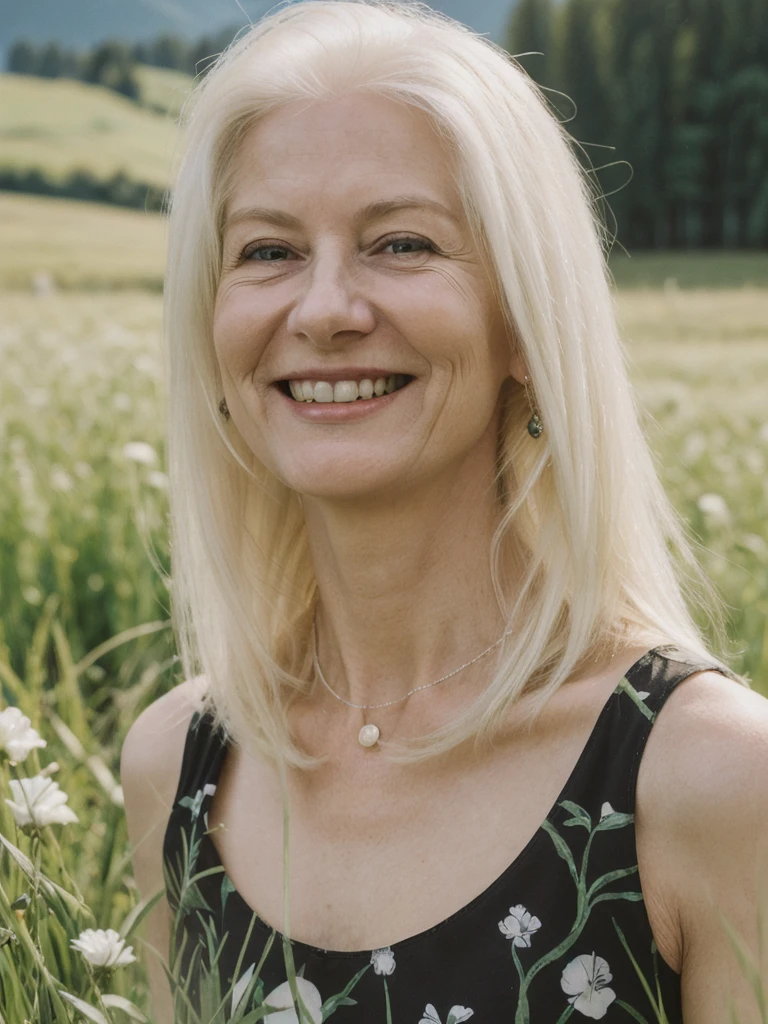 A realistic, photorealistic image of Felicidad, (an 80-year-old Finnish woman), (((white blonde and medium length hair))), smiling and seducing, ((taking a portrait outside a grass field in Switzerland)), (((round face))), (medium straight hair), ((wearing printed black dress)), ((visible breastbones)), (((slim))), ((thin hairline)), (((deep chest bones)))
