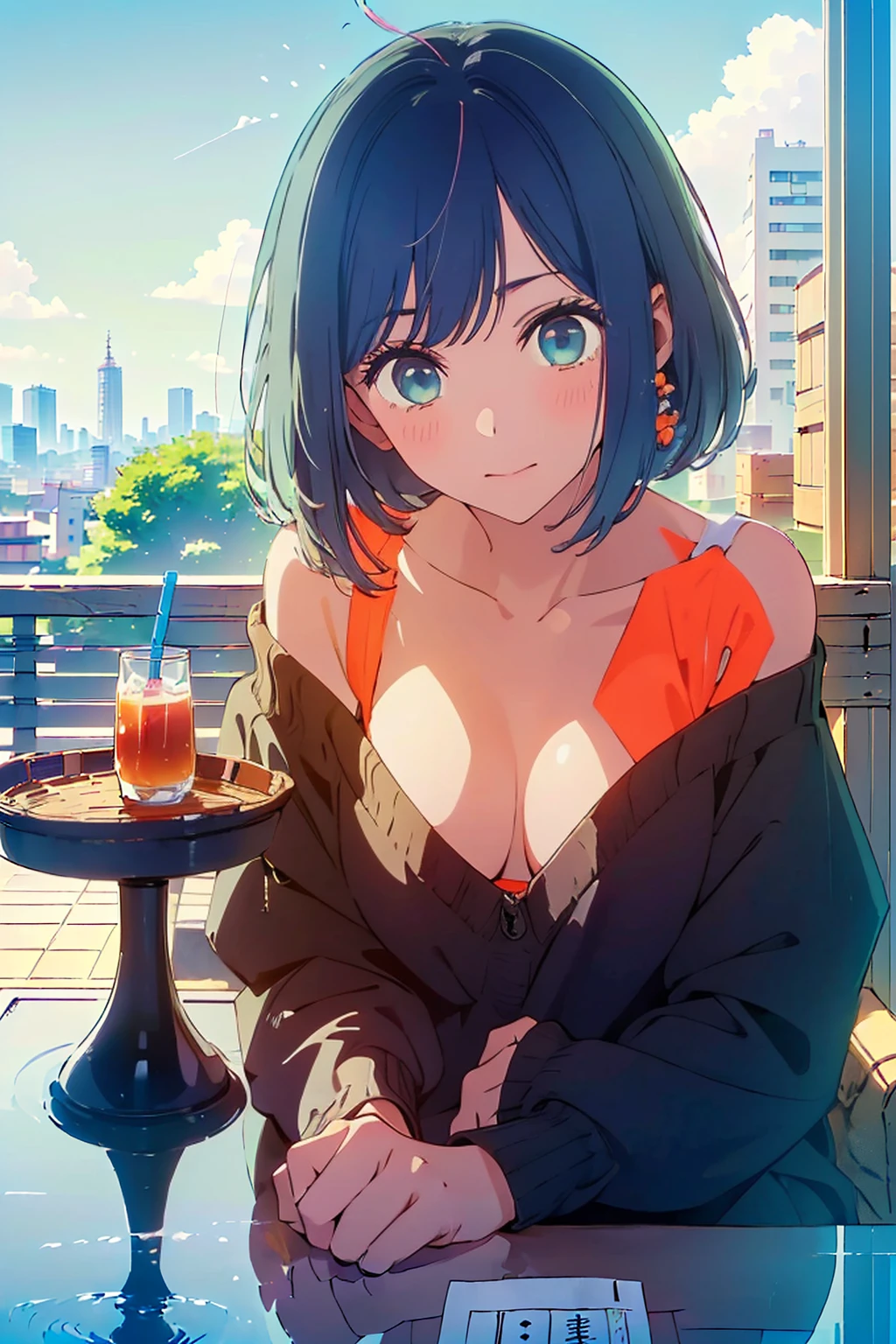 (Highest quality:1.4、masterpiece:1.4、Super detailed:1.4、Ultra-high resolution:1.4、Absolute Resolution:1.4、8K:1.4)、Slim body、((((1 person、Surprised expression、sit、Chair、In the background are the urban buildings of Tokyo、looking at the camera、Outdoor café terrace、Navy hair color、juice、table、Get up close and take a photo、Shooting from an angle、Very cute face))))、((((nude、very beautiful areola))))、(Pose with hands tucked behind ears:1.4、Cheek resting on hand:1.4)、(((Black off-the-shoulder cardigan)))、valley、Very blue sky、A completely cloudless sky