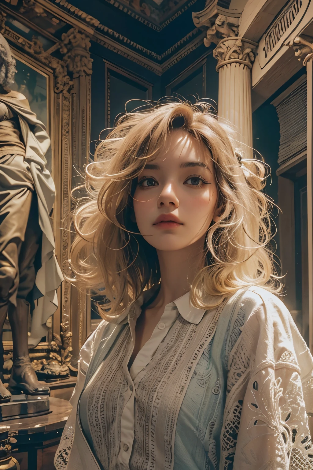 Raped woman with permed hair, what makeup, without makeup, Centrally separated curtain bangs, Profile picture, Use Instagram Filters, Subtle soft and dim light, Pose looking around the museum, Sculpture, Landmark, perfect face, julia sardinian, perfect hands, Random behavior, (full_body),