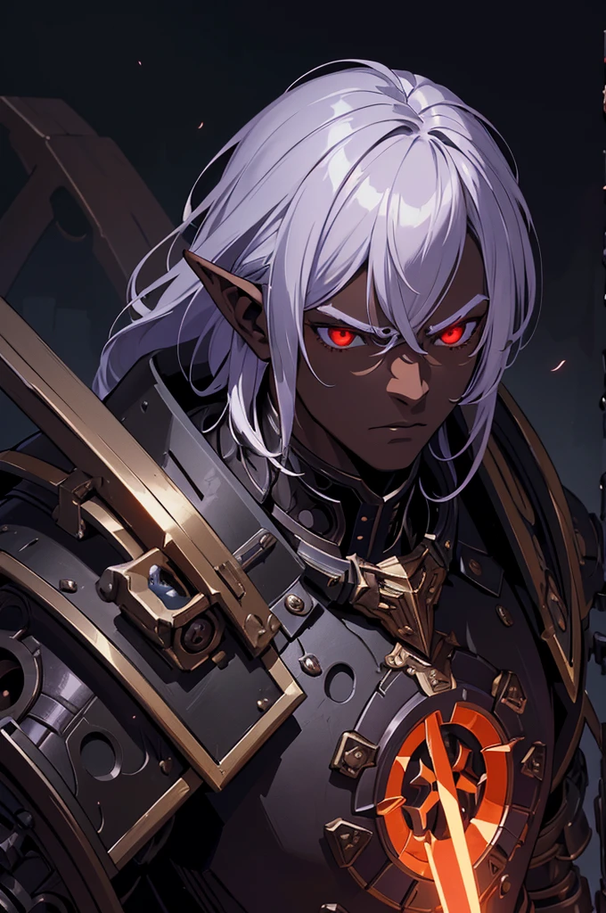masterpiece, best quality, ultra high res, dark theme, 1boy, (dungeonpunk armor), (mechanical steampunk armor), (wearing armor), fantasy illustration, dark skinned, human, upper body, portrait, red eyes, long white hair, half-drow, pointy ears, serious face, young man, dramatic lighting, purple hue, art by Kinema Citrus