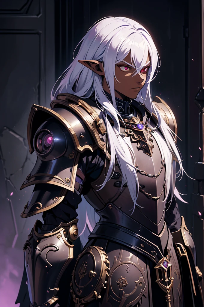 masterpiece, best quality, ultra high res, dark theme, 1boy, (dungeonpunk armor), (mechanical steampunk armor), (wearing armor), fantasy illustration, dark skinned, human, upper body, portrait, red eyes, long white hair, half-drow, pointy ears, serious face, young man, dramatic lighting, purple hue, art by Kinema Citrus