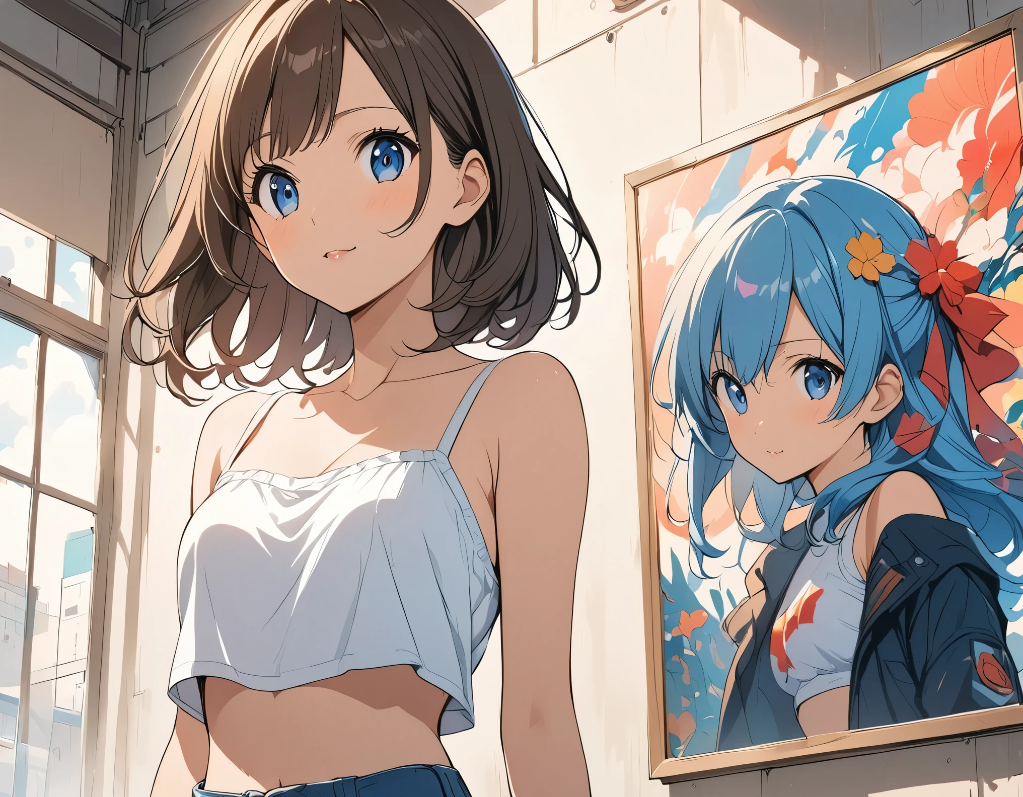 female,short camisole,crop shirt,Off shoulders,white,Art, anime,illustration