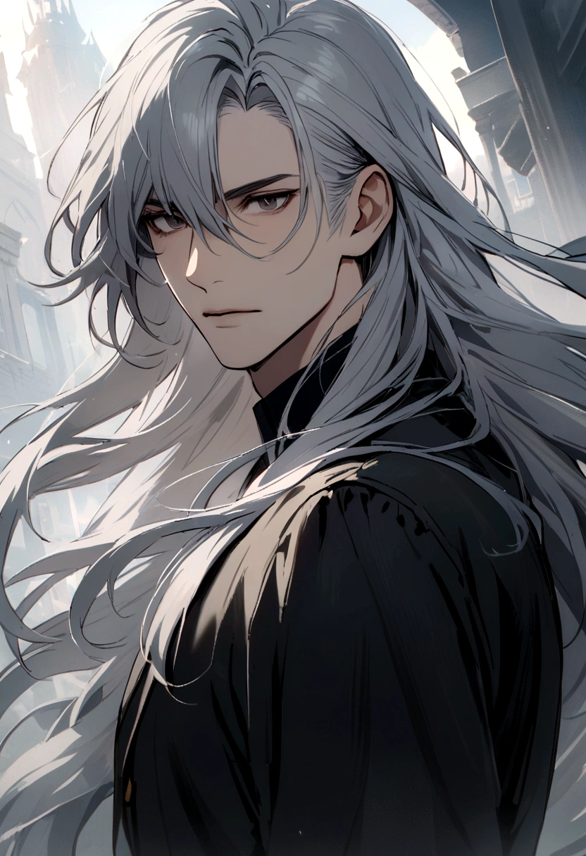 Man, long hair, gray hair, dark eyes, masculine.