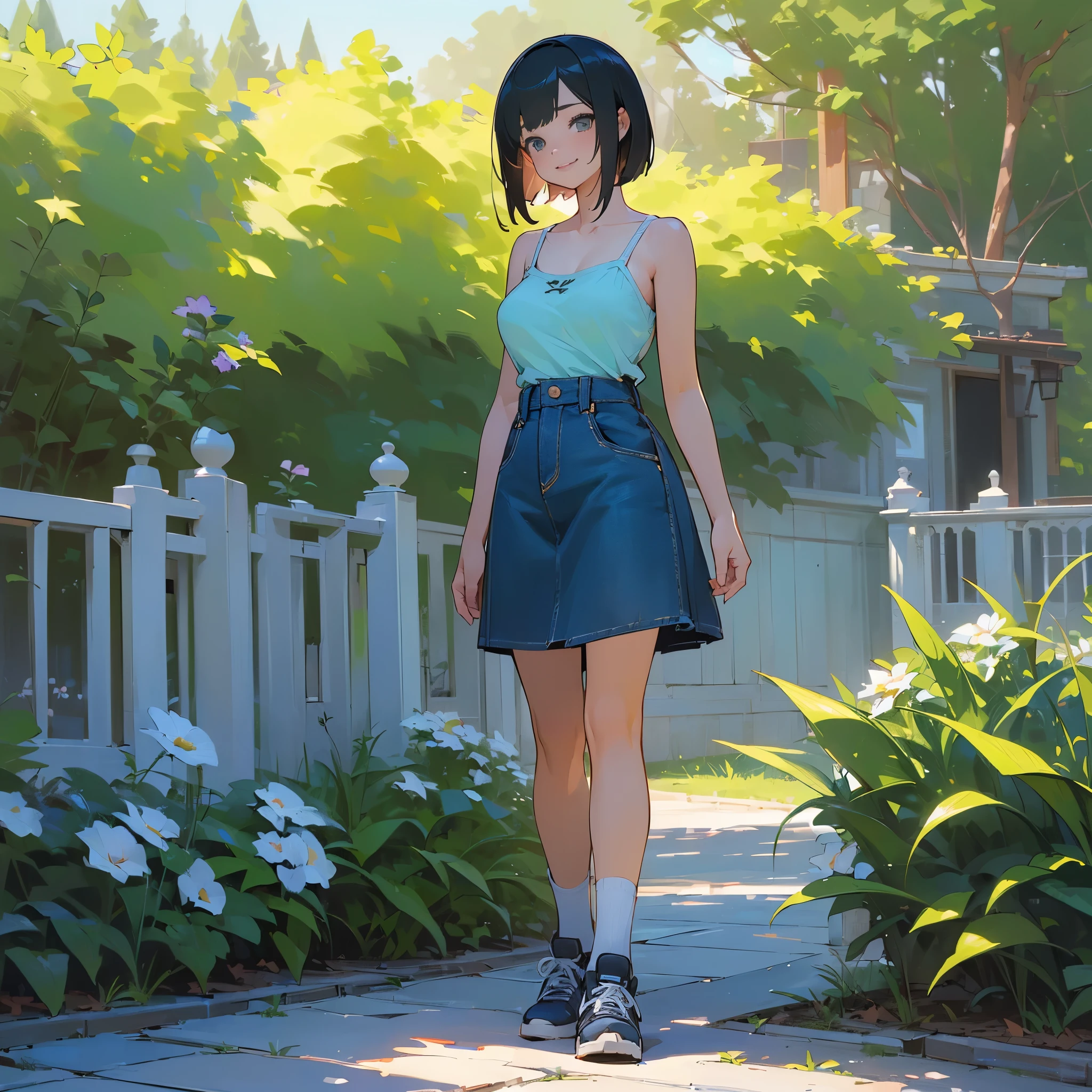 (high quality, High resolution, Very detailed, reality:1.37), Peaceful atmosphere, (Outdoor, garden), age girl standing alone, (my breasts are big.), Beautiful details, Cute Smile, (Black bob hair), camisole, Denim skirt, Blue socks, sneakers.