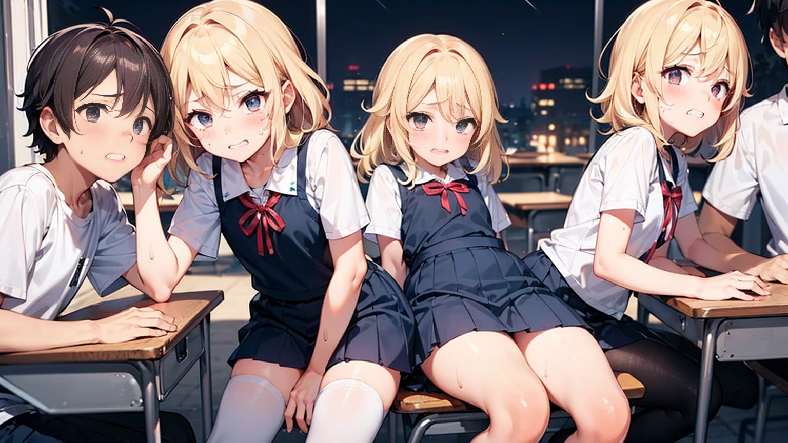 Highest quality,Highest quality,One girl,Multiple Boys,((((10 years old)))),  surrounded by boys,Flat Chest,orgasm,blush, Sweat, Sakurai Momoka,Blonde,White Sarah Outfit,Navy Blue Skirt, Not a pleated skirt,whole body,Night Classroom, Grey pantyhose、Flipping up a navy blue skirt、Spread your legs