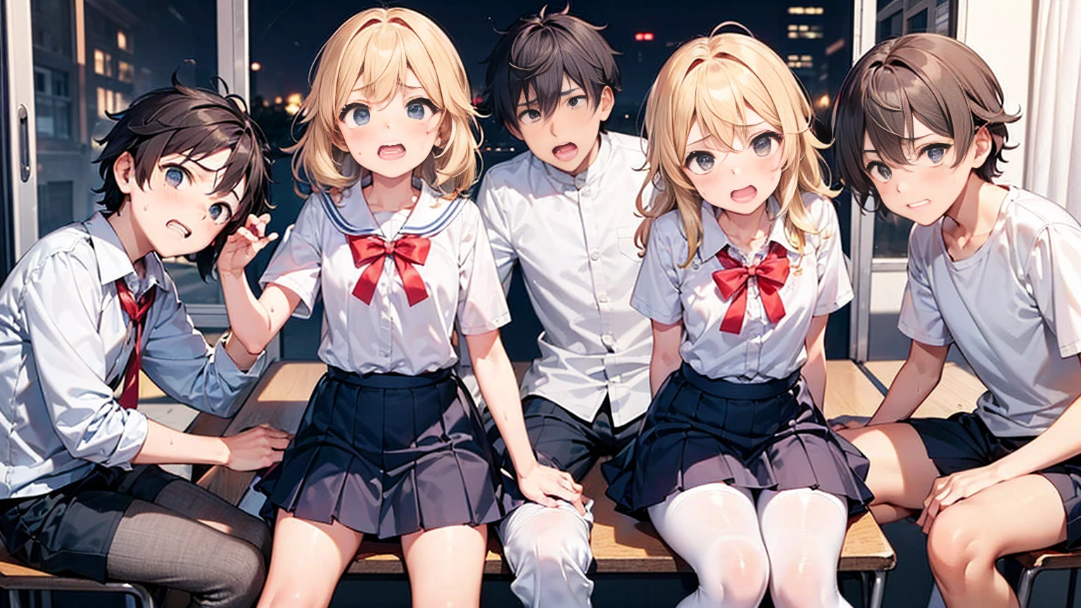 Highest quality,Highest quality,One girl,Multiple Boys,((((10 years old)))),  surrounded by boys,Flat Chest,orgasm,blush, Sweat, Sakurai Momoka,Blonde,White Sarah Outfit,Navy Blue Skirt, Not a pleated skirt,whole body,Night Classroom, Grey pantyhose、Flipping up a navy blue skirt、Spread your legs