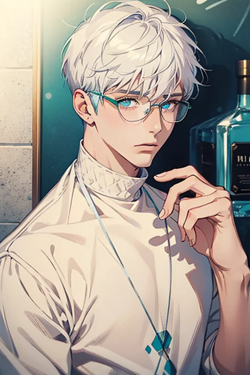 ((Masterpiece, Highest Quality)), Detailed Face, male, white sweater, turquoise eyes, (((Top Quality))), Short hair, Shaved whiskey,Spits, white colored hair, Stylish glasses