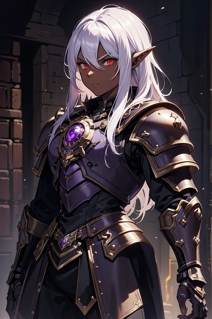 masterpiece, best quality, ultra high res, dark theme, 1boy, (dungeonpunk armor), (mechanical steampunk armor), (wearing armor), fantasy illustration, dark skinned, human, upper body, portrait, red eyes, long white hair, half-drow, pointy ears, serious face, young man, dramatic lighting, purple hue, art by Kinema Citrus