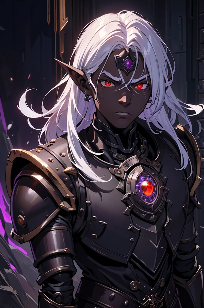 masterpiece, best quality, ultra high res, dark theme, 1boy, (dungeonpunk armor), (mechanical steampunk armor), (wearing armor), fantasy illustration, dark skinned, human, upper body, portrait, red eyes, long white hair, half-drow, pointy ears, serious face, young man, dramatic lighting, purple hue, art by Kinema Citrus