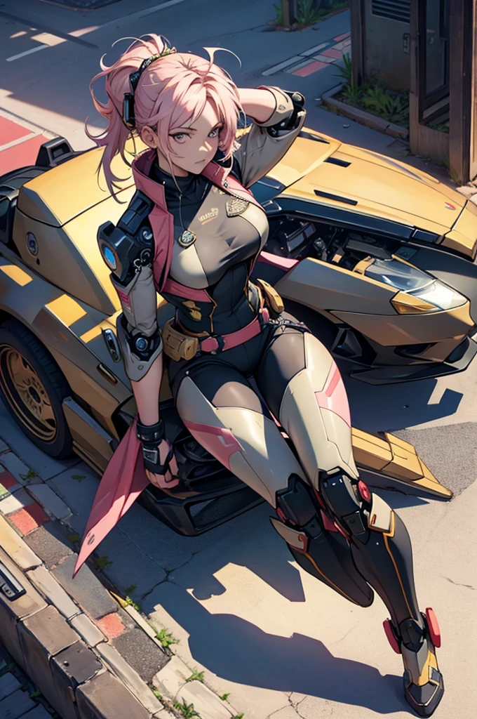 full body shot, High angle, best quality, extremely detailed, 8K, focus on background, dystopian society, helicopter, manga, anime, watercolor, steampunk, masterpiece, a beautiful woman, flying, solo, single mechanical arm, energy weapons, robot suit, half-up, big eyes, beautiful pink eyes, long eyelashes, pensive, mesh, cool, looking at the camera, gold piercing,