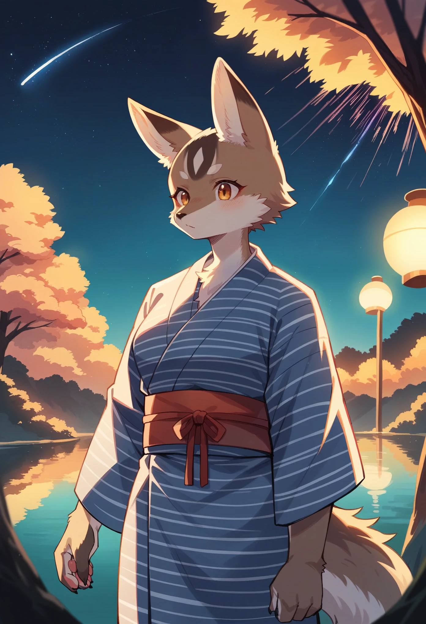 top quality, best quality, highres, masterpiece, super high resolution, detailed background, lake, nigh sky, firework, japanese yukata, absurdres, perfect anatomy, good lighting, cinematic shadow(1girl, kemono, furry anthro)assorted expressions, upper shot, dynamic angle,