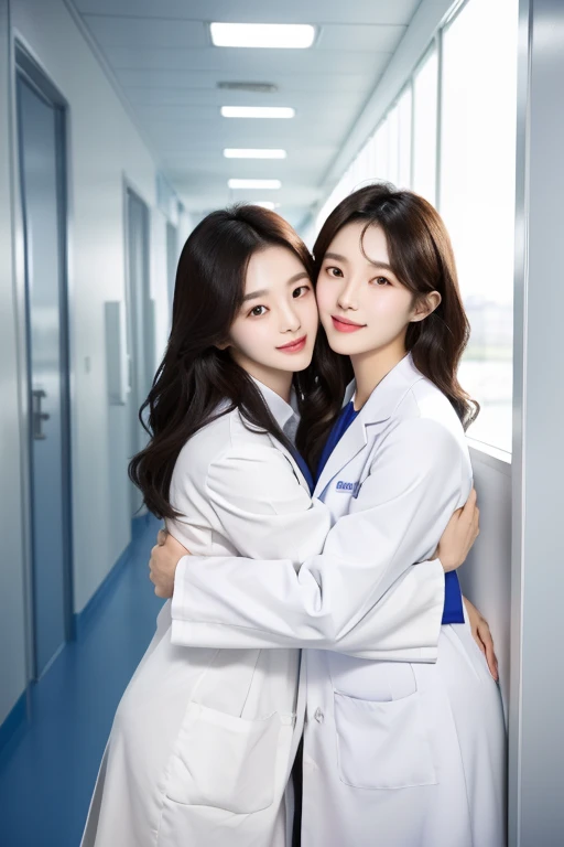 there are two Korean women hugging each other in a white lab coat, ((doctor)), er drama, hospital hallway, beautiful detailed face, pale skin, realistic skin, detailed cloth texture, detailed hair texture, Perfect proportion, Beautiful Face, accurate, Anatomically correct, Highly detailed face and skin texture, looking at viewer