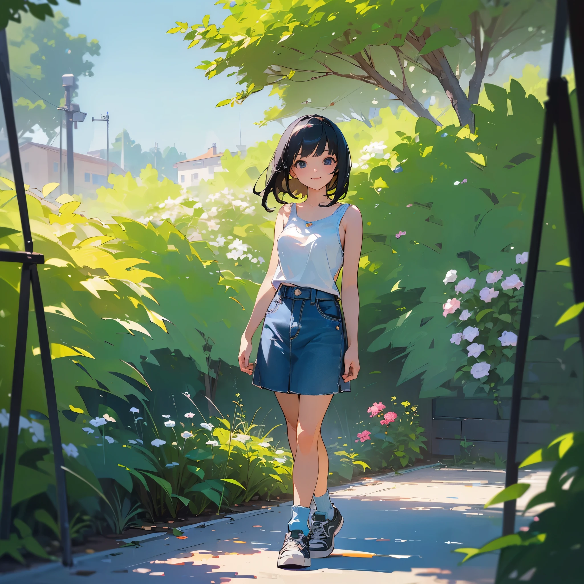 (high quality, High resolution, Very detailed, reality:1.37), Peaceful atmosphere, (Outdoor, garden),  girl standing alone, (my breasts are big.), Beautiful details, Cute Smile, (Black bob hair), camisole, Denim skirt, Blue socks, sneakers.