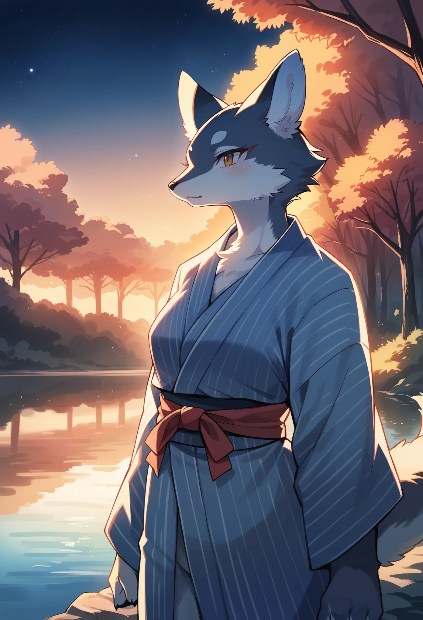 top quality, best quality, highres, masterpiece, super high resolution, detailed background, lake, nigh sky, firework, japanese yukata, absurdres, perfect anatomy, good lighting, cinematic shadow(1girl, kemono, furry anthro)assorted expressions, upper shot, dynamic angle,