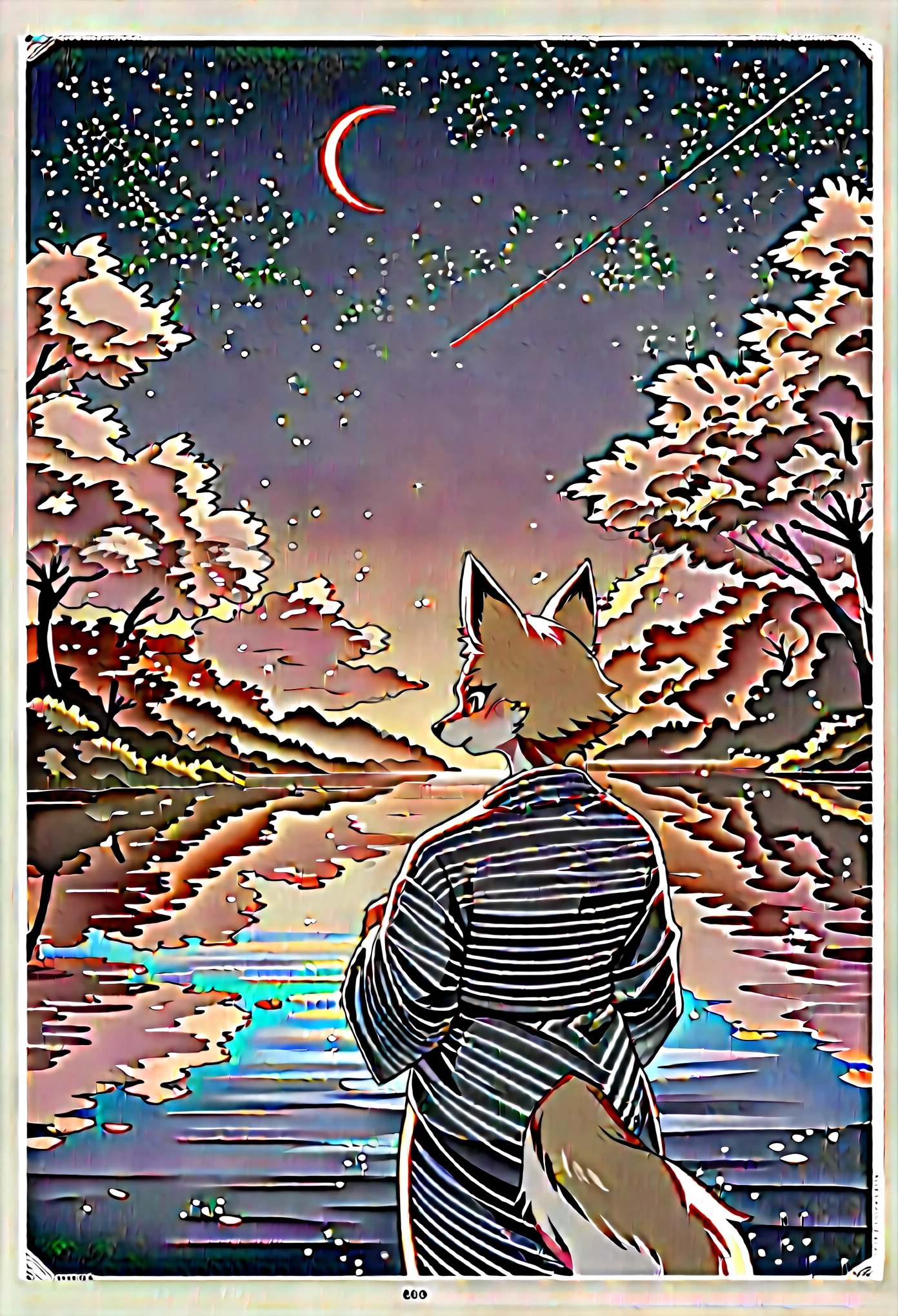 top quality, best quality, highres, masterpiece, super high resolution, detailed background, lake, nigh sky, firework, japanese yukata, absurdres, perfect anatomy, good lighting, cinematic shadow(1girl, kemono, furry anthro)assorted expressions, upper shot, dynamic angle,