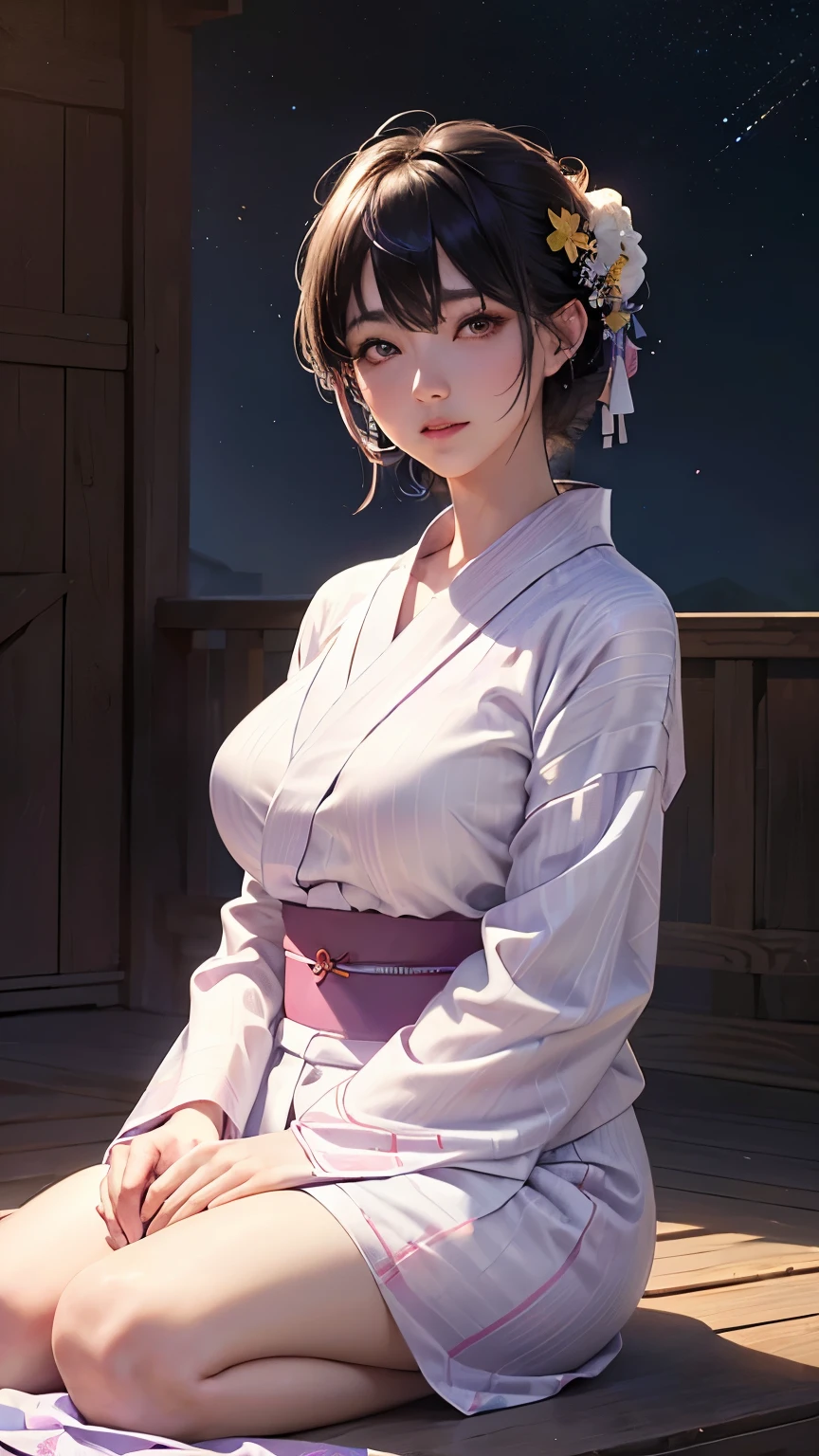 Taylor Hill, open kimono, beautiful eyes, sensual, super realistic, well detailed face without distortions, epic image in best possible resolution, 8k, very realistic, depth of field, a work of art, full body.