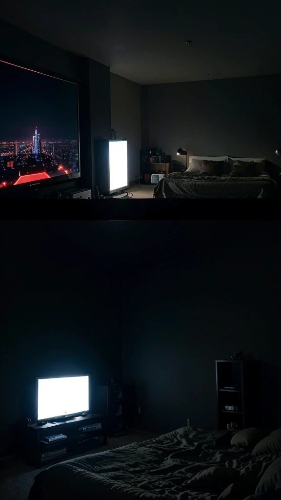 A simple room with a TV playing a movie, the room is very dark at night, the view from the bed to the TV